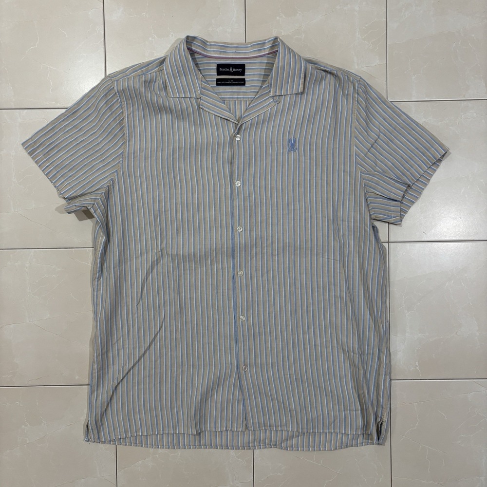 Psycho Bunny Loop Collar Button Up Shirt Men's 2XL Striped Grey Blue Logo